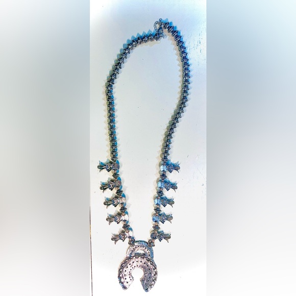 Silver & Turquoise colored Squash Blossom Necklace - Picture 4 of 5